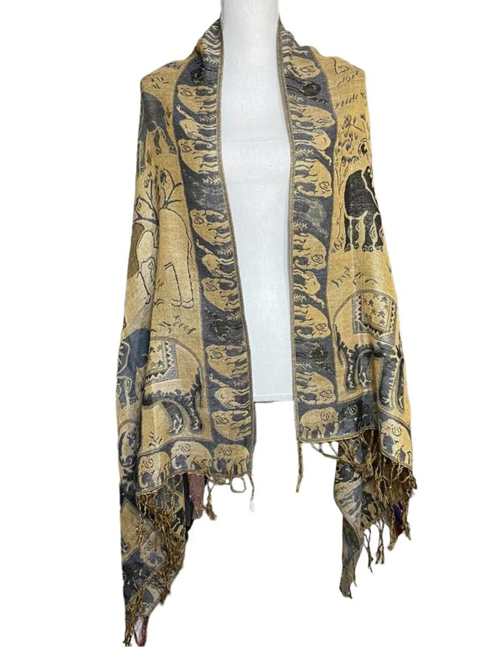 100% Pashmina Cashmere Elephant Scarf Tassel 66